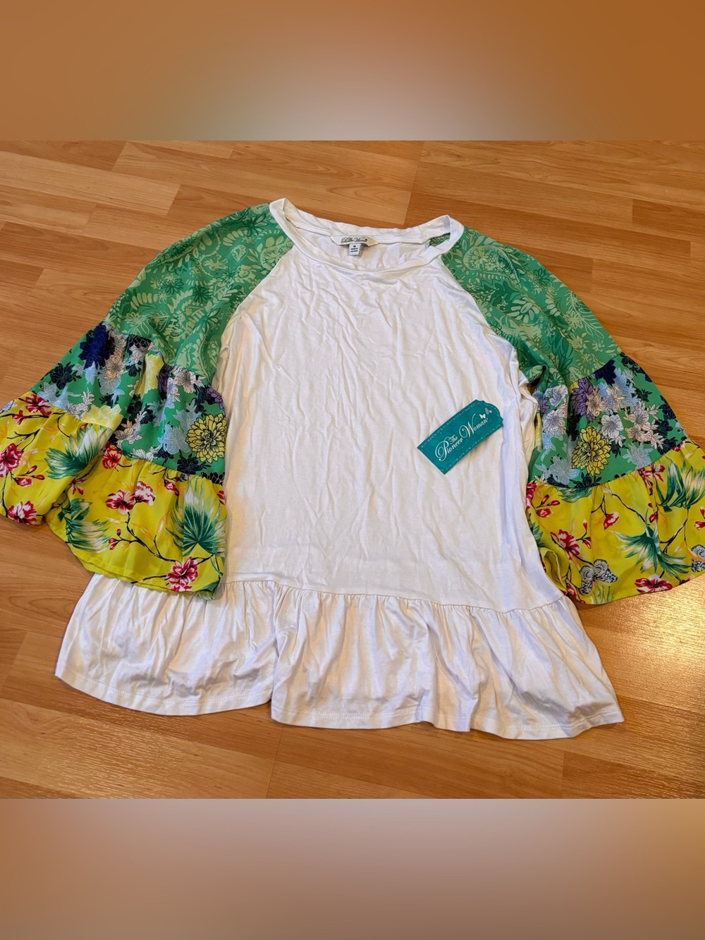 The Pioneer Woman White Knit Top with Teal and Yellow Floral Trim Sleeves
